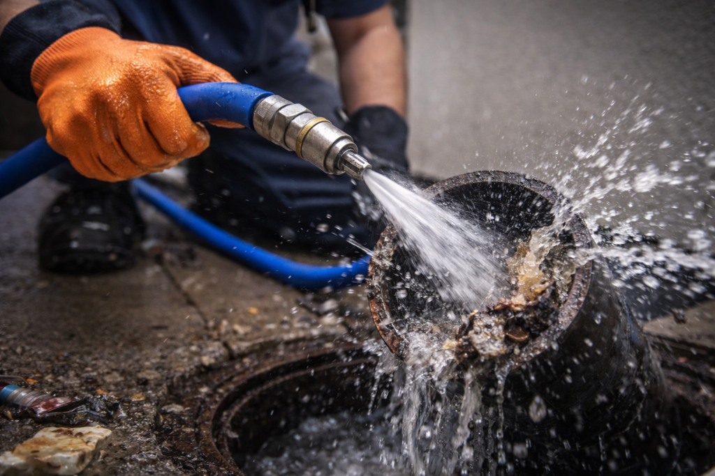 plumber performing hydrojetting drain cleaning in brisbane
